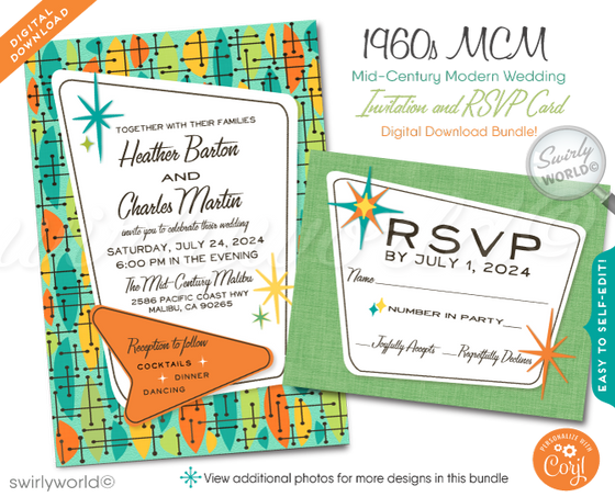 Atomic Retro Palm Springs Mid-Century Mod Wedding Invite & RSVP Card Digital Download