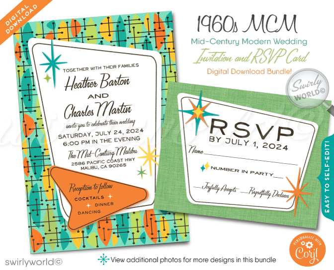 Atomic Retro Palm Springs Mid-Century Mod Wedding Invite & RSVP Card Digital Download