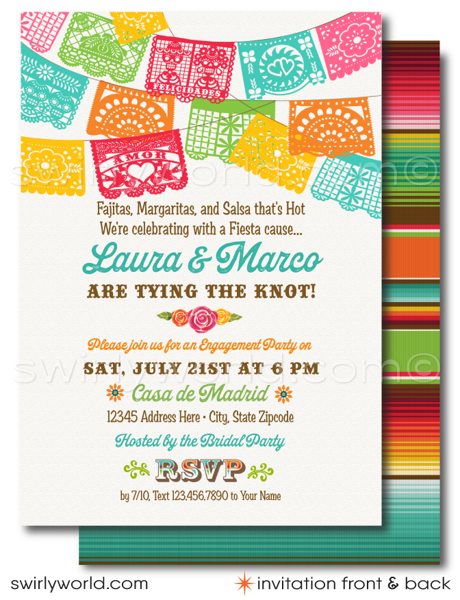 Saltillo Pattern Invitation Mexican Fiesta Papel Picado Paper Flags Engagement Party Invitations f ...