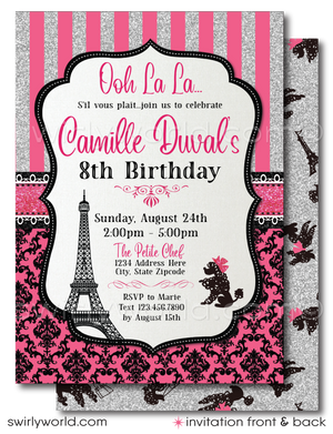 Dive into the heart of Paris with our exquisite Parisian Eiffel Tower French Poodle theme birthday party invitation and thank you card set, a digital masterpiece that brings the allure of France right to your fingertips. This enchanting collection, adorned in a chic hot pink and black palette, transports you to the romantic streets of Paris