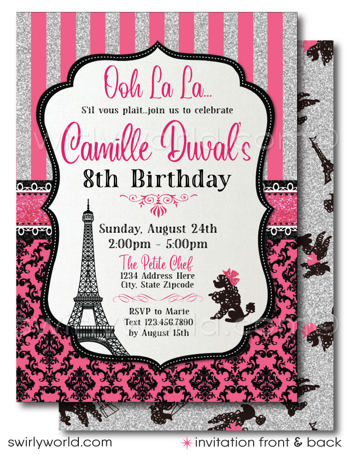 Dive into the heart of Paris with our exquisite Parisian Eiffel Tower French Poodle theme birthday party invitation and thank you card set, a digital masterpiece that brings the allure of France right to your fingertips. This enchanting collection, adorned in a chic hot pink and black palette, transports you to the romantic streets of Paris