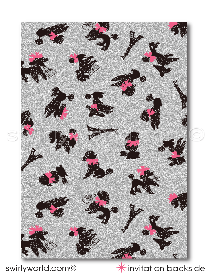 Dive into the heart of Paris with our exquisite Parisian Eiffel Tower French Poodle theme birthday party invitation and thank you card set, a digital masterpiece that brings the allure of France right to your fingertips. This enchanting collection, adorned in a chic hot pink and black palette, transports you to the romantic streets of Paris