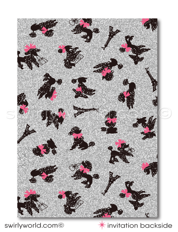 Dive into the heart of Paris with our exquisite Parisian Eiffel Tower French Poodle theme birthday party invitation and thank you card set, a digital masterpiece that brings the allure of France right to your fingertips. This enchanting collection, adorned in a chic hot pink and black palette, transports you to the romantic streets of Paris