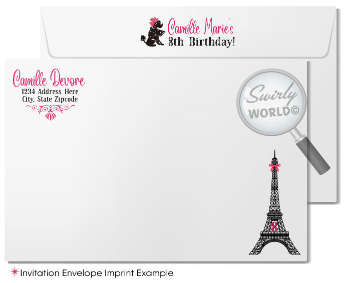 Pink French Parisian Theme Birthday Party Invitations with Eiffel Tower and French Poodle
