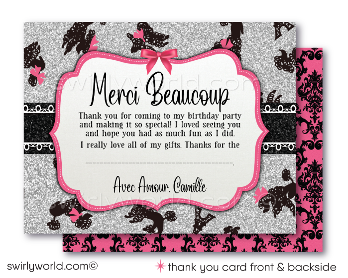 Dive into the heart of Paris with our exquisite Parisian Eiffel Tower French Poodle theme birthday party invitation and thank you card set, a digital masterpiece that brings the allure of France right to your fingertips. This enchanting collection, adorned in a chic hot pink and black palette, transports you to the romantic streets of Paris