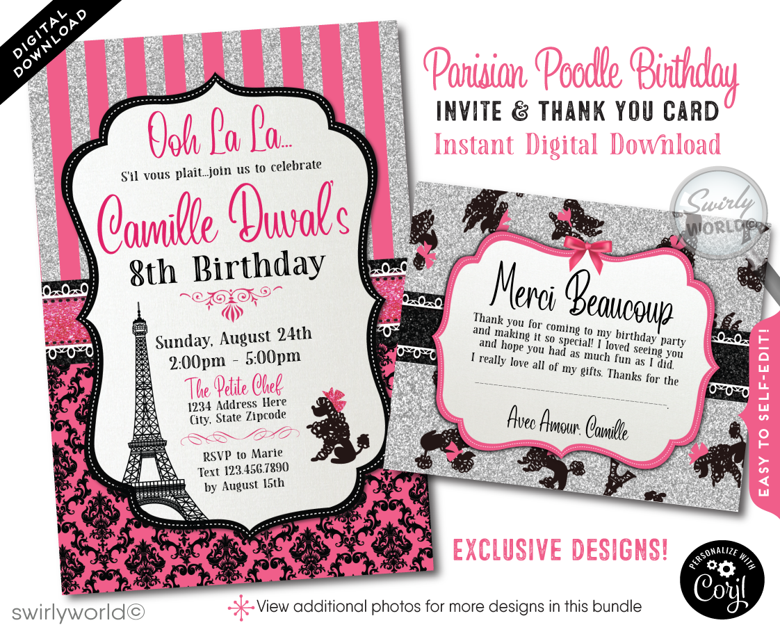 Dive into the heart of Paris with our exquisite Parisian Eiffel Tower French Poodle theme birthday party invitation and thank you card set, a digital masterpiece that brings the allure of France right to your fingertips. This enchanting collection, adorned in a chic hot pink and black palette, transports you to the romantic streets of Paris