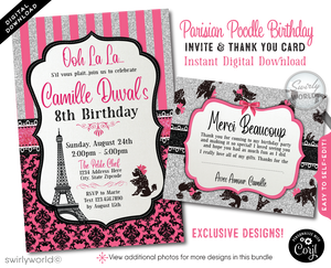 Dive into the heart of Paris with our exquisite Parisian Eiffel Tower French Poodle theme birthday party invitation and thank you card set, a digital masterpiece that brings the allure of France right to your fingertips. This enchanting collection, adorned in a chic hot pink and black palette, transports you to the romantic streets of Paris