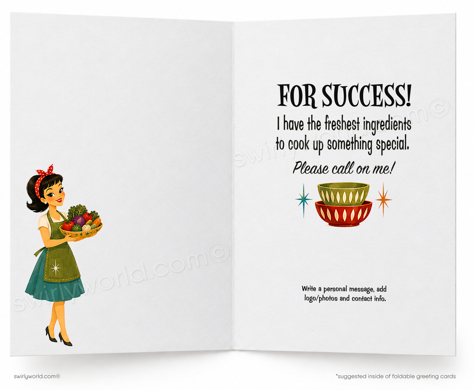 A retro-style foldable card featuring an illustration of a woman in a green apron holding a bowl of food, with the text 'I've Got The Perfect RECIPE' on a mint green background. The card is shown standing upright against a white background with small watermark text and the phrase 'front of foldable card' at the bottom.