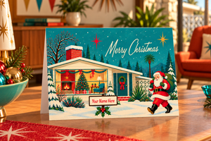 Retro Christmas Card – Vintage 1950s Holiday Greeting With Santa & Atomic Ranch Design
