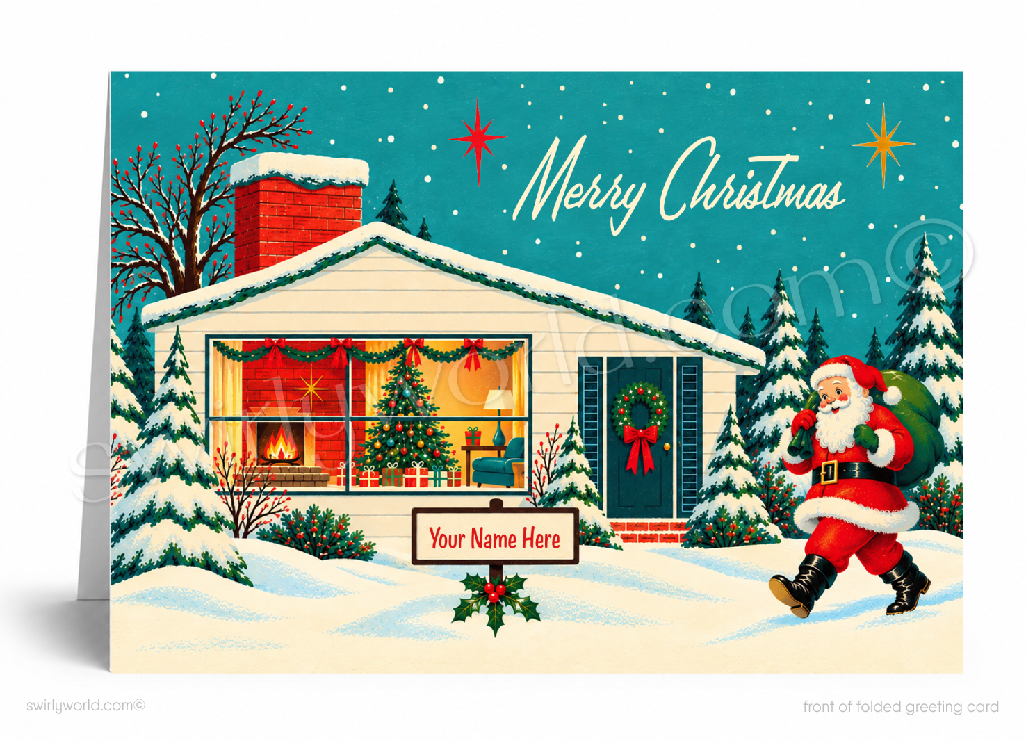 Retro Christmas Card – Vintage 1950s Holiday Greeting With Santa & Atomic Ranch Design