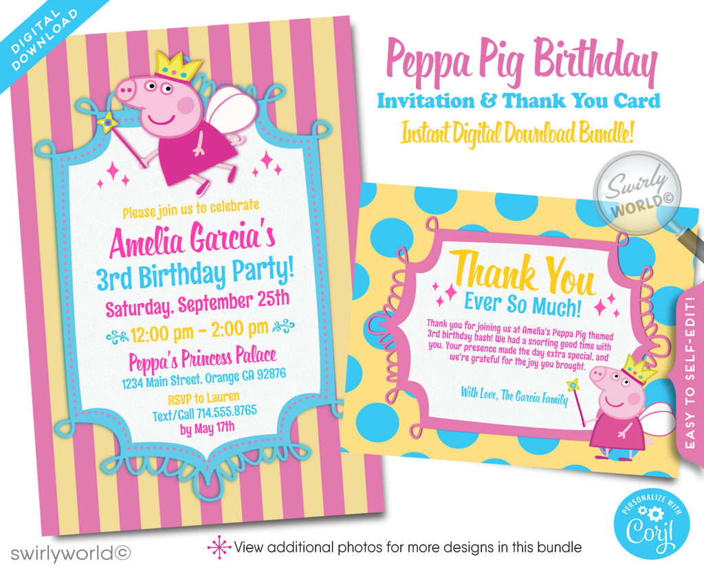 Princess Fairy Peppa Pig Girl's Birthday Party Invite & Thank You Digital Download