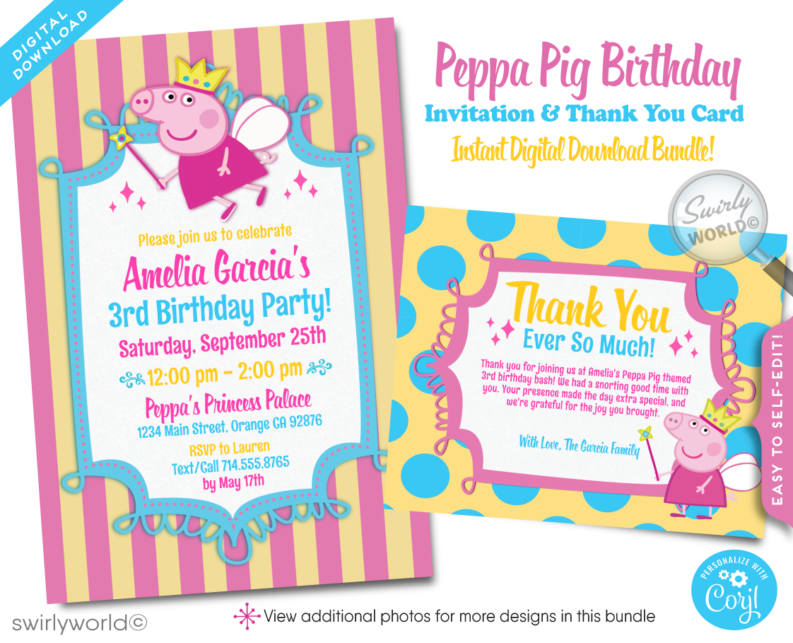Princess Fairy Peppa Pig Girl's Birthday Party Invite & Thank You Digital Download