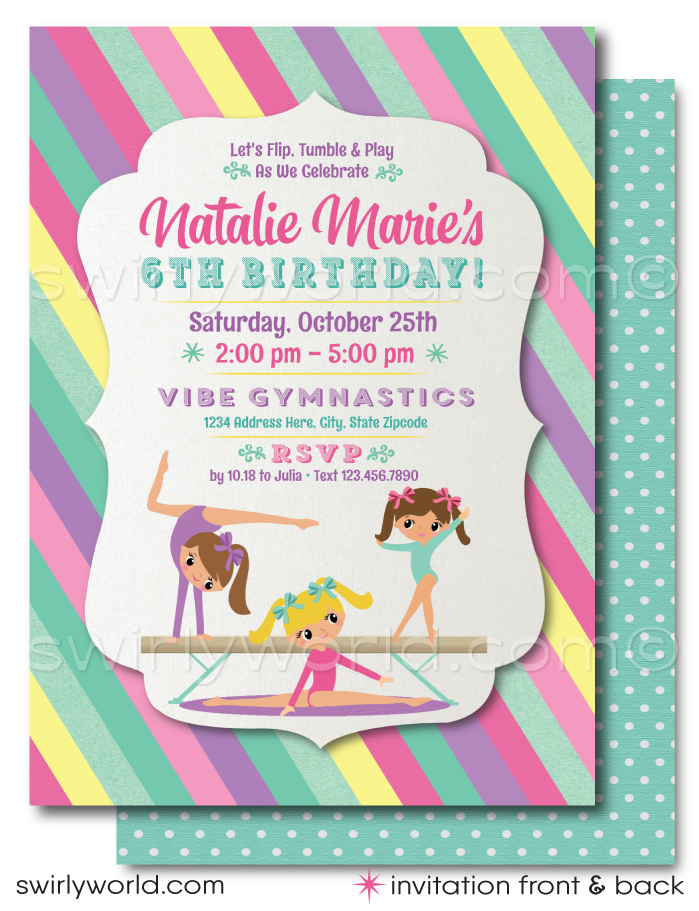 Leap into fun with our adorable Gymnastics Tumbling theme Invitation and Thank You Card design set, perfect for your little gymnast's next birthday celebration or gymnastics event. Bathed in soft pastel hues of pink, purple, aqua blue, and yellow, this design set exudes a playful yet elegant charm that will capture the hearts of your guests.