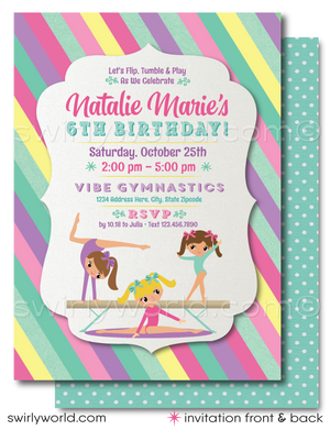 Leap into fun with our adorable Gymnastics Tumbling theme Invitation and Thank You Card digital design set, perfect for your little gymnast's next birthday celebration or gymnastics event. Bathed in soft pastel hues of pink, purple, aqua blue, and yellow, this invite is perfect for your gymnast!