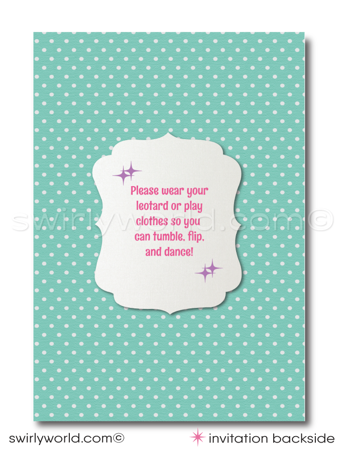 Leap into fun with our adorable Gymnastics Tumbling theme Invitation and Thank You Card digital design set, perfect for your little gymnast's next birthday celebration or gymnastics event. Bathed in soft pastel hues of pink, purple, aqua blue, and yellow, this invite is perfect for your gymnast!