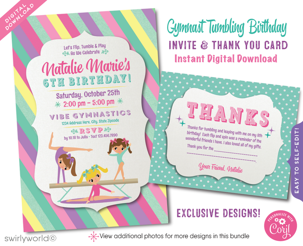 Leap into fun with our adorable Gymnastics Tumbling theme Invitation and Thank You Card digital design set, perfect for your little gymnast's next birthday celebration or gymnastics event. Bathed in soft pastel hues of pink, purple, aqua blue, and yellow, this invite is perfect for your gymnast!