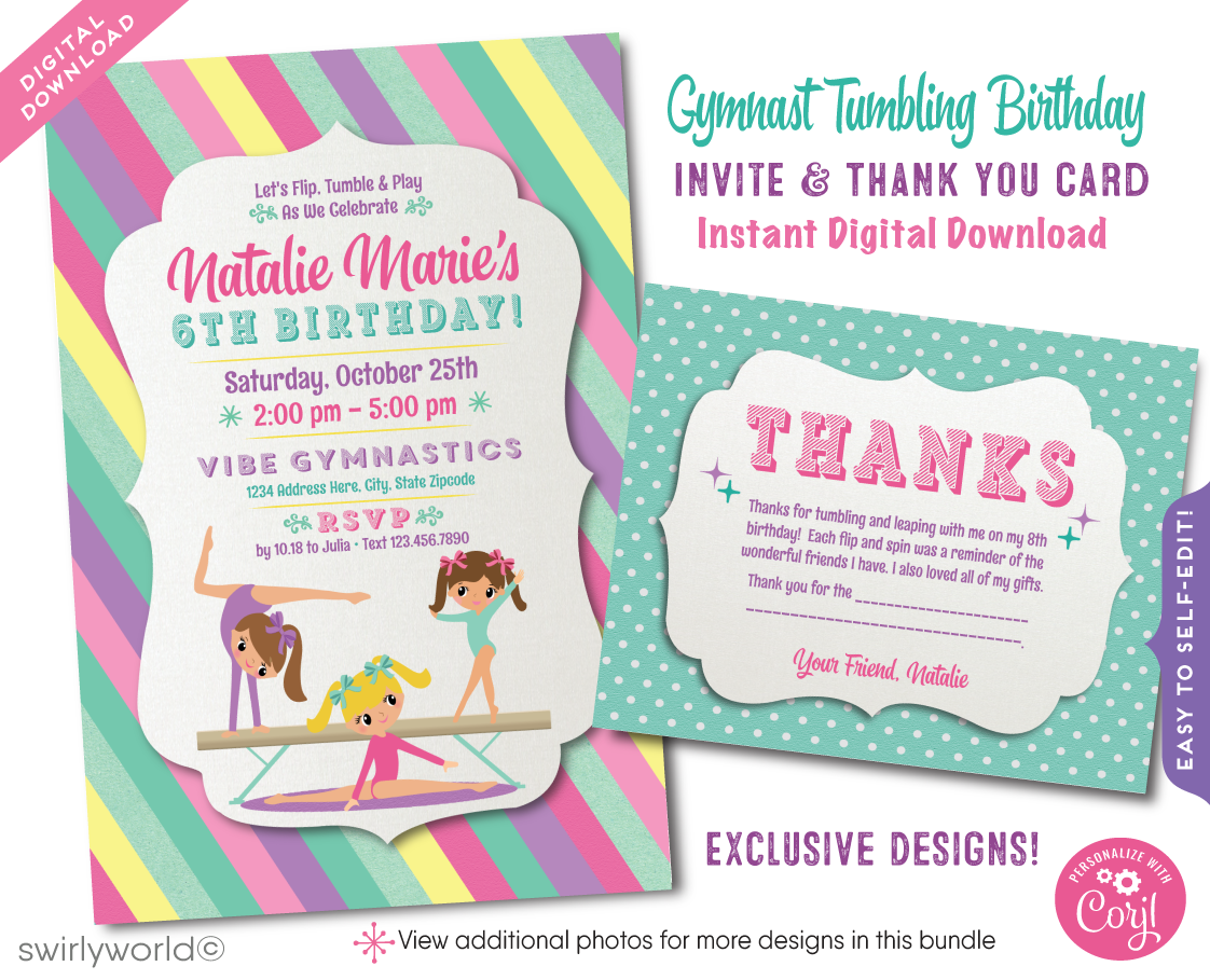 Leap into fun with our adorable Gymnastics Tumbling theme Invitation and Thank You Card digital design set, perfect for your little gymnast's next birthday celebration or gymnastics event. Bathed in soft pastel hues of pink, purple, aqua blue, and yellow, this invite is perfect for your gymnast!
