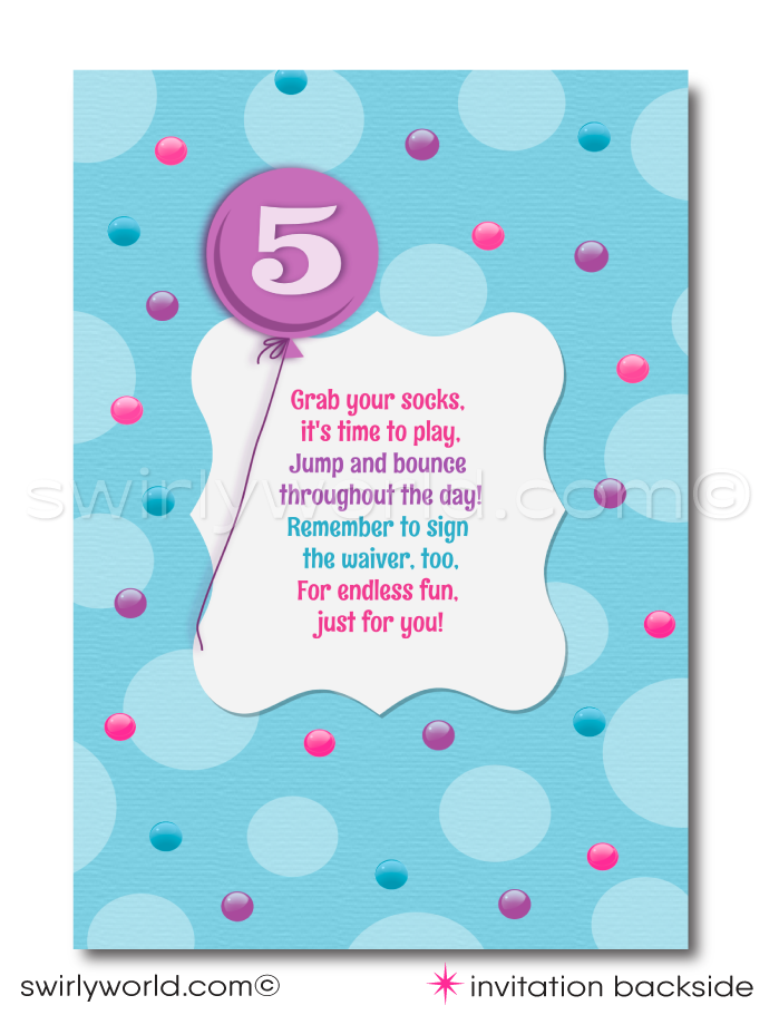 Introducing our adorable Little Girl's Bounce House Birthday Party Invitation and Thank You Card Digital Download! At the heart of the design is a delightful illustration of a little girl joyfully jumping up, holding a balloon where you can personalize with the birthday girl's age.