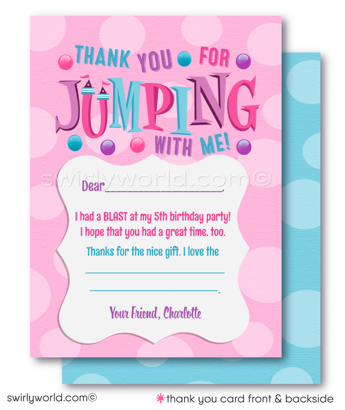 Introducing our adorable Little Girl's Bounce House Birthday Party Invitation and Thank You Card Digital Download! At the heart of the design is a delightful illustration of a little girl joyfully jumping up, holding a balloon where you can personalize with the birthday girl's age.