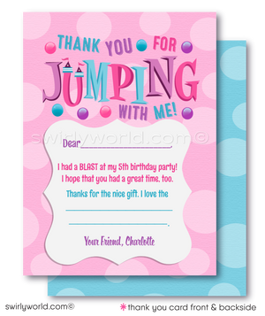 Introducing our adorable Little Girl's Bounce House Birthday Party Invitation and Thank You Card Digital Download! At the heart of the design is a delightful illustration of a little girl joyfully jumping up, holding a balloon where you can personalize with the birthday girl's age.