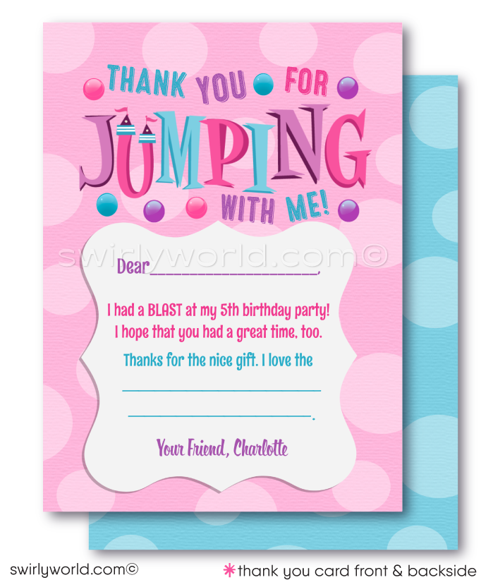 Introducing our adorable Little Girl's Bounce House Birthday Party Invitation and Thank You Card Set! Vibrant pink, purple, and pastel blue hues set the perfect tone. Customize with the birthday girl's age and personalize hair, eye, and skin tones. Editable text fields for a unique touch. Expertly printed and shipped for a hassle-free experience!