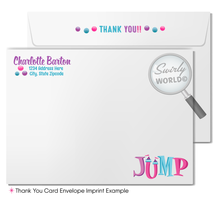 Introducing our adorable Little Girl's Bounce House Birthday Party Invitation and Thank You Card Set! Vibrant pink, purple, and pastel blue hues set the perfect tone. Customize with the birthday girl's age and personalize hair, eye, and skin tones. Editable text fields for a unique touch. Expertly printed and shipped for a hassle-free experience!
