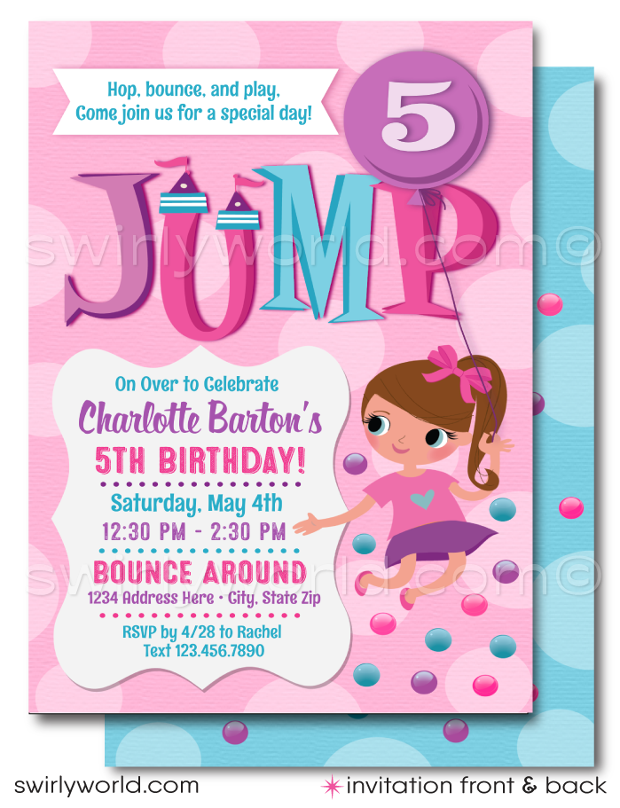 Introducing our adorable Little Girl's Bounce House Birthday Party Invitation and Thank You Card Digital Download! At the heart of the design is a delightful illustration of a little girl joyfully jumping up, holding a balloon where you can personalize with the birthday girl's age.
