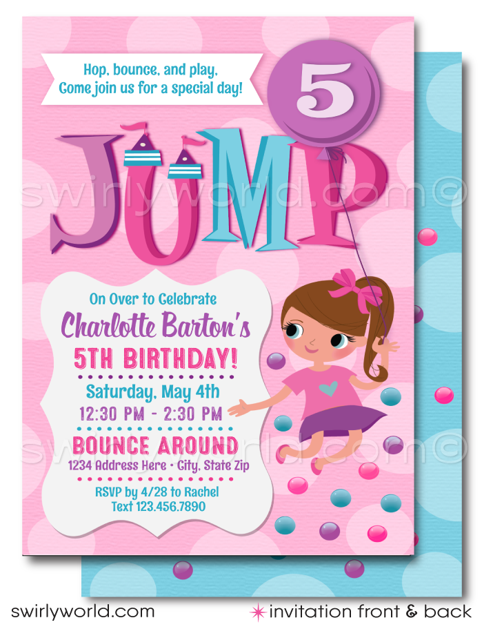 Introducing our adorable Little Girl's Bounce House Birthday Party Invitation and Thank You Card Set! Vibrant pink, purple, and pastel blue hues set the perfect tone. Customize with the birthday girl's age and personalize hair, eye, and skin tones. Editable text fields for a unique touch. Expertly printed and shipped for a hassle-free experience!