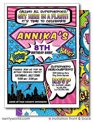 Celebrate your little heroine's special day with our Pink and Purple Superhero Birthday Invitation Set. Inspired by comic books, this set features dynamic superhero fonts, a cityscape silCelebrate your little heroine's special day with our Superhero Birthday Invitation and Thank You Card Digital Download Set, designed exclusively for a girl who dreams of saving the day. This captivating set draws inspiration from the thrilling pages of comic books, featuring iconic imagery and dynamic superhero-style fonts