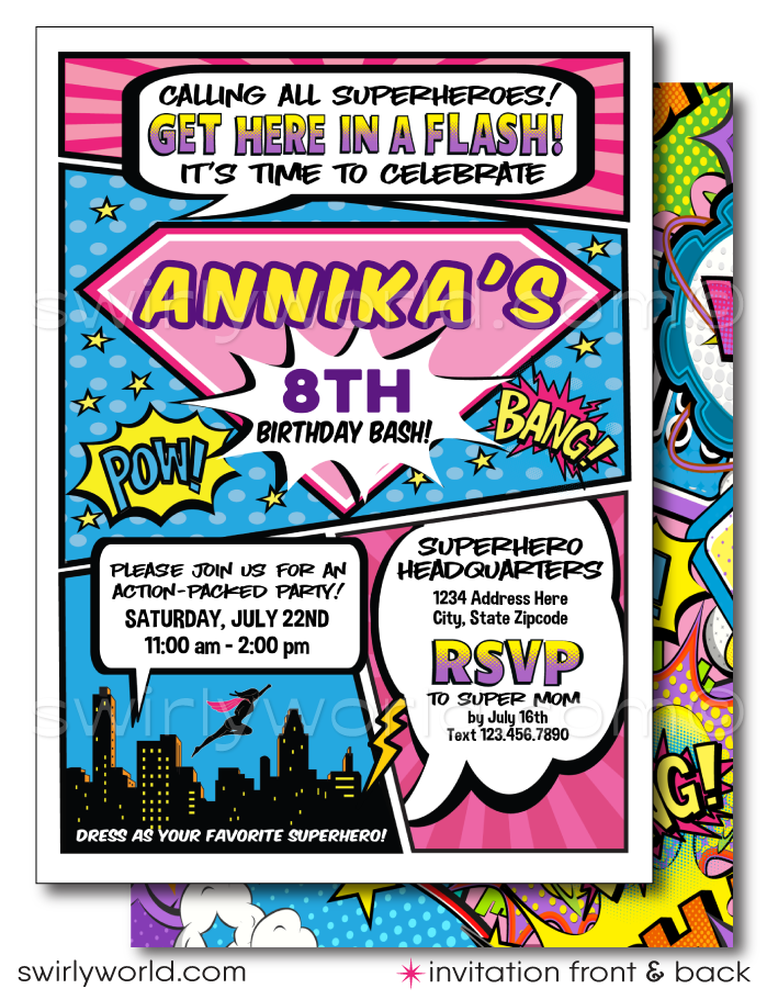 Celebrate your little heroine's special day with our Superhero Birthday Invitation and Thank You Card Digital Download Set, designed exclusively for a girl who dreams of saving the day. This captivating set draws inspiration from the thrilling pages of comic books, featuring iconic imagery and dynamic superhero-style fonts
