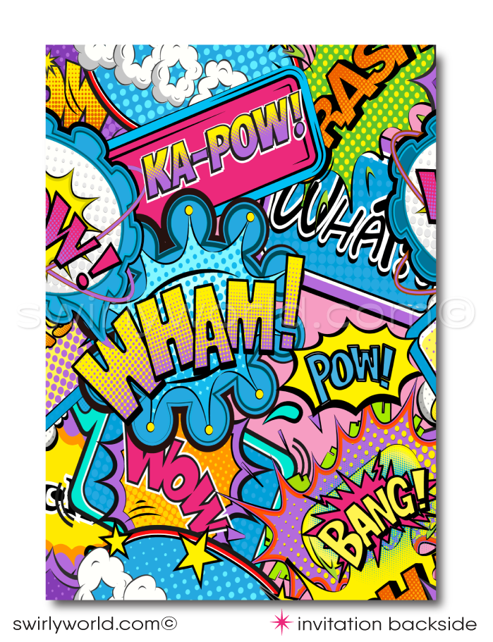 Celebrate your little heroine's special day with our Pink and Purple Superhero Birthday Invitation Set. Inspired by comic books, this set features dynamic superhero fonts, a cityscape silhouette, and vibrant "POW" and "BANG" exclamations. Easily customizable with Corjl for a personalized, action-packed celebration.