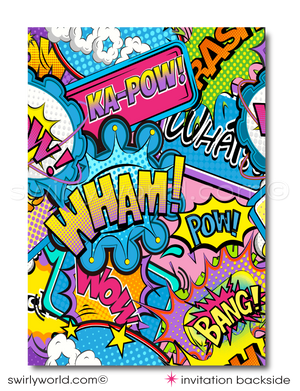 Celebrate your little heroine's special day with our Pink and Purple Superhero Birthday Invitation Set. Inspired by comic books, this set features dynamic superhero fonts, a cityscape silhouette, and vibrant "POW" and "BANG" exclamations. Easily customizable with Corjl for a personalized, action-packed celebration.