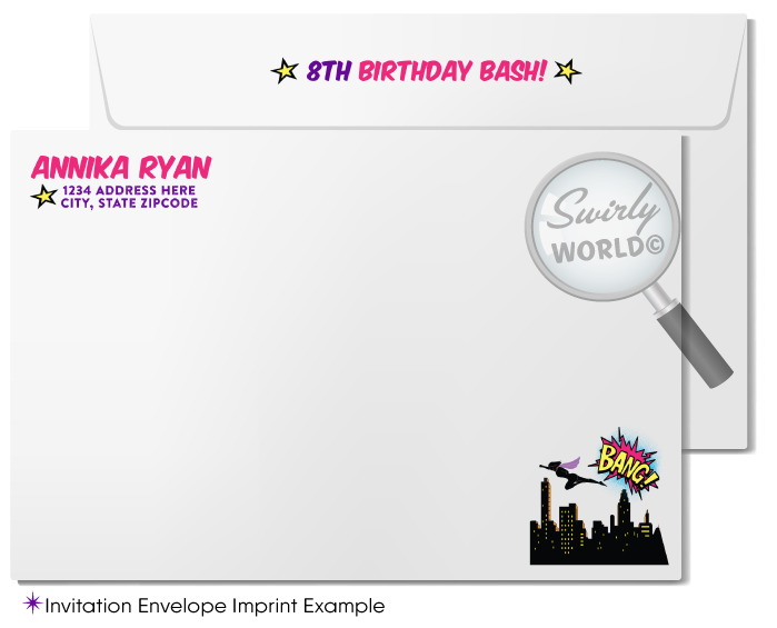 Awesome Pink and Purple Superhero Comic Book Theme Birthday Party Printed Invitations for Girls