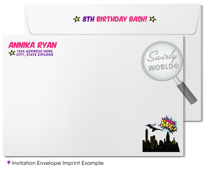 Pink and Purple Superhero Theme Birthday Invitation for Girls Digital Design Download Set
