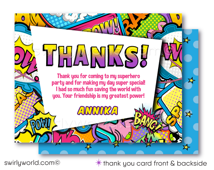 Celebrate your little heroine's special day with our Pink and Purple Superhero Birthday Invitation Set. Inspired by comic books, this set features dynamic superhero fonts, a cityscape silhouette, and vibrant "POW" and "BANG" exclamations. Easily customizable with Corjl for a personalized, action-packed celebration.