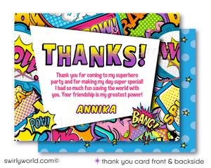 Celebrate your little heroine's special day with our Pink and Purple Superhero Birthday Invitation Set. Inspired by comic books, this set features dynamic superhero fonts, a cityscape silhouette, and vibrant "POW" and "BANG" exclamations. Easily customizable with Corjl for a personalized, action-packed celebration.