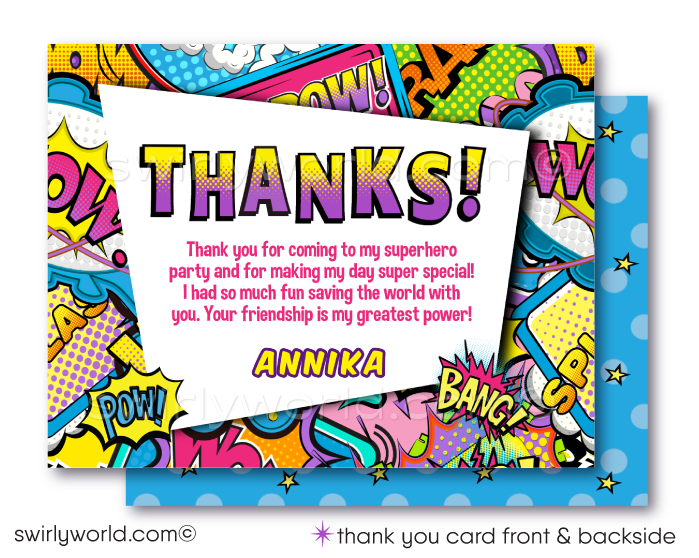 Celebrate your little heroine's special day with our Superhero Birthday Invitation and Thank You Card Digital Download Set, designed exclusively for a girl who dreams of saving the day. This captivating set draws inspiration from the thrilling pages of comic books, featuring iconic imagery and dynamic superhero-style fonts
