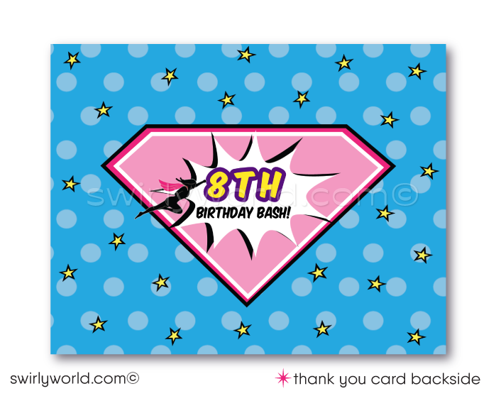 Awesome Pink and Purple Superhero Comic Book Theme Birthday Party Printed Invitations for Girls