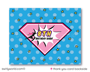 Awesome Pink and Purple Superhero Comic Book Theme Birthday Party Printed Invitations for Girls