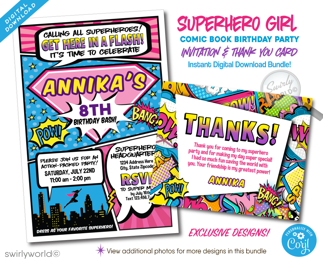 Celebrate your little heroine's special day with our Superhero Birthday Invitation and Thank You Card Digital Download Set, designed exclusively for a girl who dreams of saving the day. This captivating set draws inspiration from the thrilling pages of comic books, featuring iconic imagery and dynamic superhero-style fonts