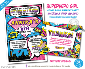 Celebrate your little heroine's special day with our Superhero Birthday Invitation and Thank You Card Digital Download Set, designed exclusively for a girl who dreams of saving the day. This captivating set draws inspiration from the thrilling pages of comic books, featuring iconic imagery and dynamic superhero-style fonts