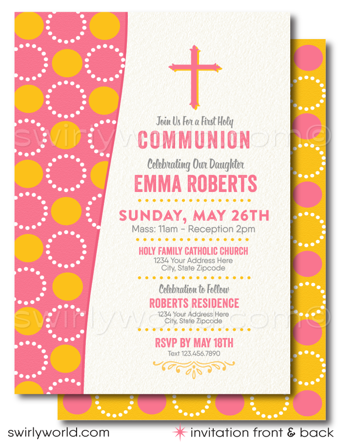 Discover our Retro Mid-Century Modern Digital Invitation Set for First Holy Communion, Baptism, or Confirmation. Editable designs in pink and yellow with a geometric circle pattern and unique vintage typography. Add a personal touch with a photo of your daughter on the back! Perfect for your girl's special celebration.