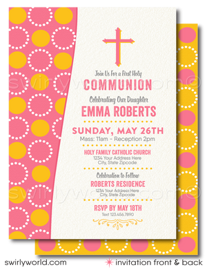 Discover our Retro Mid-Century Modern Digital Invitation Set for First Holy Communion, Baptism, or Confirmation. Editable designs in pink and yellow with a geometric circle pattern and unique vintage typography. Add a personal touch with a photo of your daughter on the back! Perfect for your girl's special celebration.