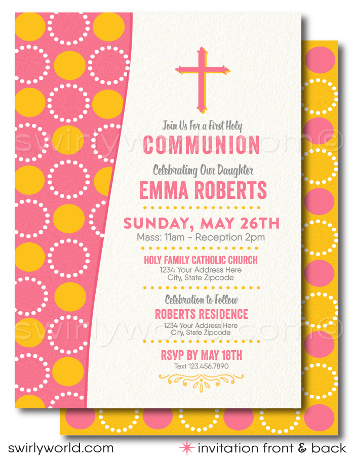 Discover our Retro Mid-Century Modern Printed Invitation Set for First Holy Communion, Baptism, or Confirmation. Editable designs in pink and yellow with a geometric circle pattern and unique vintage typography. Add a personal touch with a photo of your daughter on the back! Perfect for your girl's special celebration.