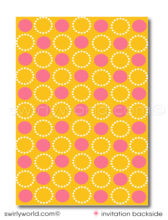 Discover our Retro Mid-Century Modern Digital Invitation Set for First Holy Communion, Baptism, or Confirmation. Editable designs in pink and yellow with a geometric circle pattern and unique vintage typography. Add a personal touch with a photo of your daughter on the back! Perfect for your girl's special celebration.