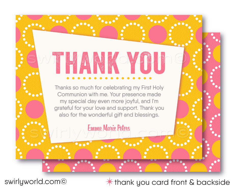 Discover our Retro Mid-Century Modern Printed Invitation Set for First Holy Communion, Baptism, or Confirmation. Editable designs in pink and yellow with a geometric circle pattern and unique vintage typography. Add a personal touch with a photo of your daughter on the back! Perfect for your girl's special celebration.