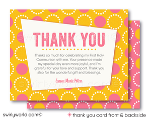 Discover our Retro Mid-Century Modern Printed Invitation Set for First Holy Communion, Baptism, or Confirmation. Editable designs in pink and yellow with a geometric circle pattern and unique vintage typography. Add a personal touch with a photo of your daughter on the back! Perfect for your girl's special celebration.