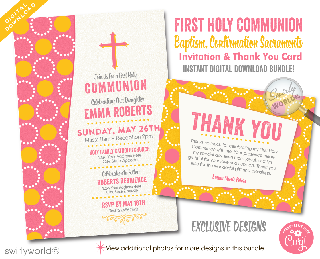 Discover our Retro Mid-Century Modern Digital Invitation Set for First Holy Communion, Baptism, or Confirmation. Editable designs in pink and yellow with a geometric circle pattern and unique vintage typography. Add a personal touch with a photo of your daughter on the back! Perfect for your girl's special celebration.