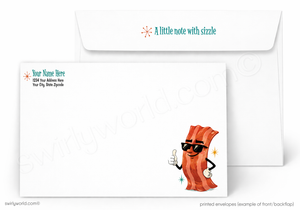 A white printed envelope set shown on a light gray background. The front envelope displays a cartoon bacon character wearing sunglasses and giving a thumbs-up, with placeholder text on the left.