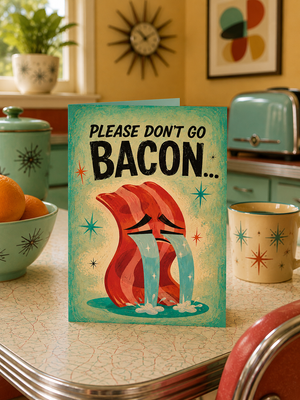 A rectangular novelty sign or card standing on a kitchen counter, featuring the text 'PLEASE DON'T GO BACON.